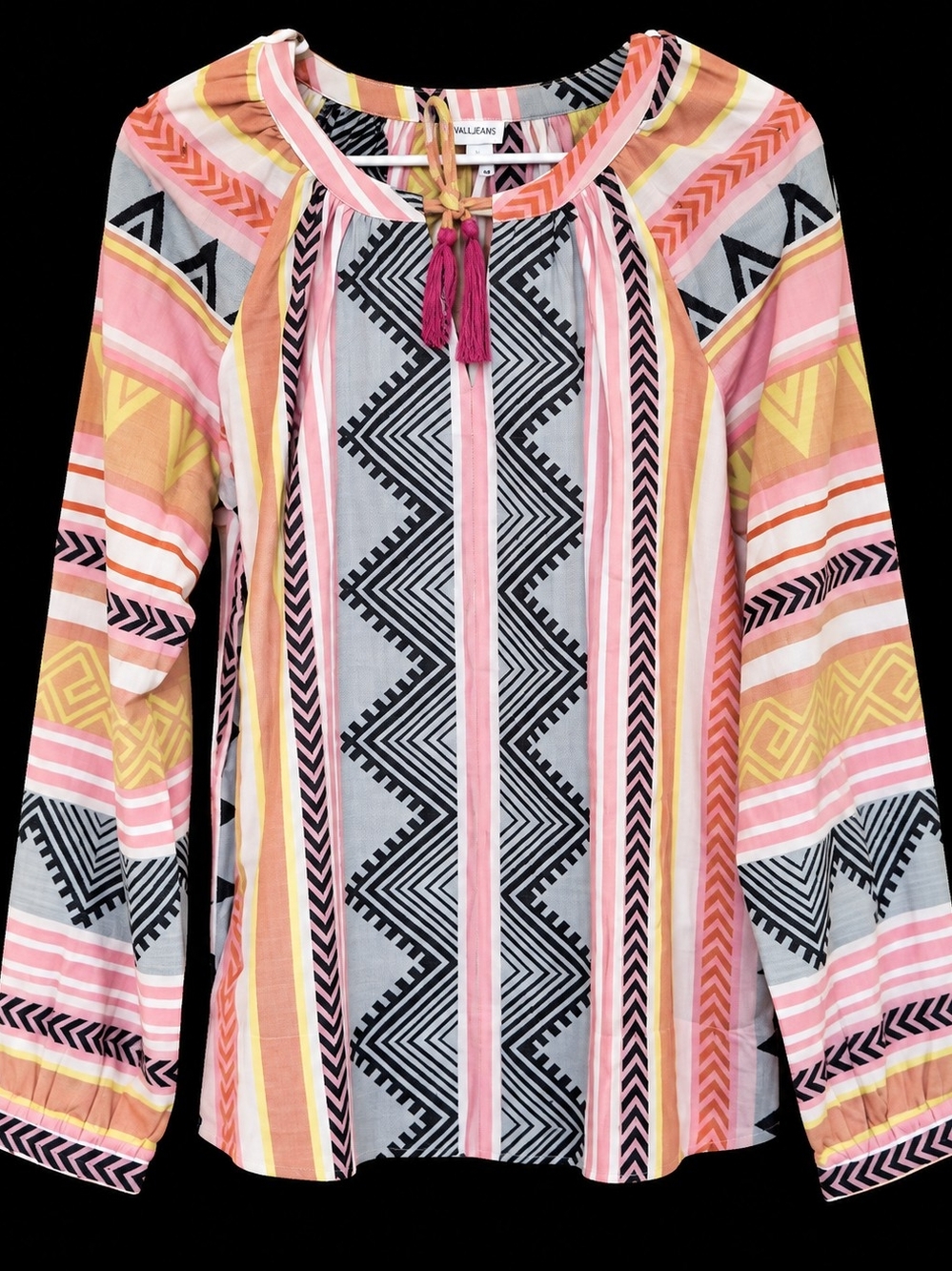 Tribal Pink Multi-Stripe Boho Tie-Neck Blouse